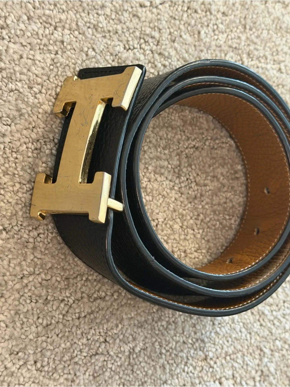 Hermes Men's Black Leather Belt with Gold H Buckle sz 32